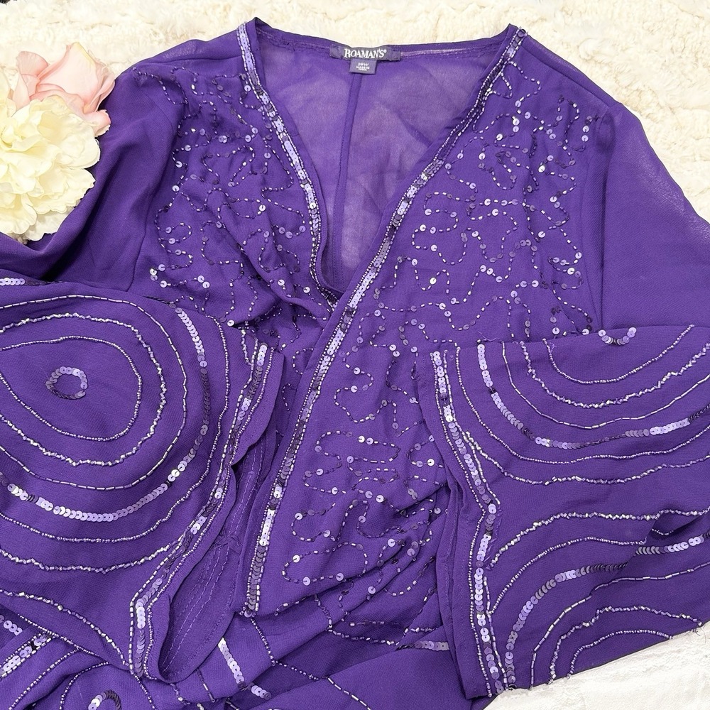 Roaman's Womens 28W Formal Duster Sequin Embellished Sheer Cardigan Royal Purple